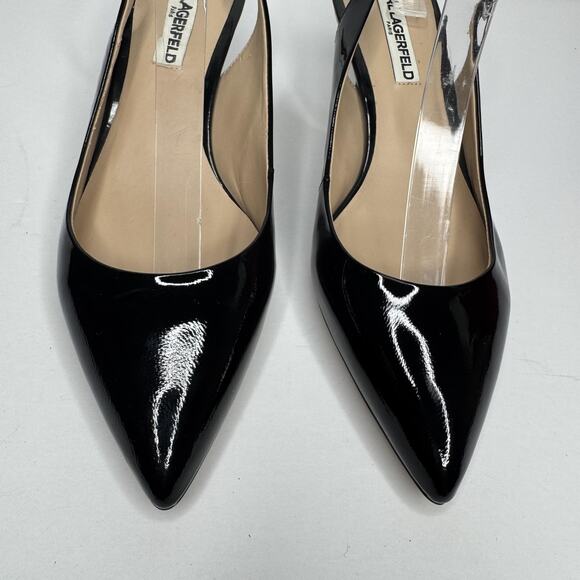 Karl Lagerfeld Paris Shoes Womens Size 8.5 Black Patent Slingback Kitten Pumps - Picture 4 of 10